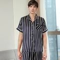 Men's navy blue vertical striped satin pajama set with short sleeves and pants - M / Top And Bottom / Navy Blue