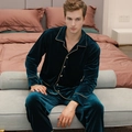 Men's dark green velvet pajamas set with golden trim and long sleeves for home comfort - Lake Blue - Men