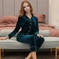 Luxury dark green velvet pajama set with gold piping and classic notched collar - Lake Blue - Women