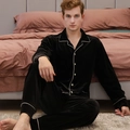 Men's black velvet pajama set featuring long sleeves and contrasting white piping detail - Black - Men