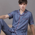 Men's silk satin pajama set with blue houndstooth pattern and red contrast piping - L / Top And Bottom (Men) / Grey Blue