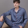 Men's navy houndstooth satin pajama set with red piping and long sleeves - L / Grey Blue - Men
