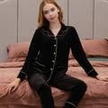 Elegant black gold velvet pajama set with white piping and button-down loungewear style - Black - Women