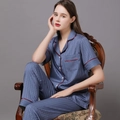Women's silk-like pajamas set in dusty blue with houndstooth pattern and red piping - M / Top And Bottom (Women) / Grey Blue