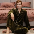 Men's dark green velvet pajama set with long sleeves and white contrast piping - General Green - Men