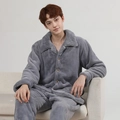 Thick charcoal grey flannel men's pajama set with button-up collar and plush texture - L / Top And Bottom / Smooth Grey Blue Men