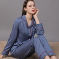 Women's silk satin pajama set in navy houndstooth pattern with red piping details - M / Top And Bottom / Grey Blue (Women)