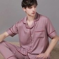 Men's pink satin pajama set with short sleeves and houndstooth pattern for summer comfort - L / Top And Bottom (Men) / Dusty Rose