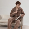 Conjunto de pijama grueso de forro polar coral para hombre con textura trenzada - L / Café con Patrón Hombre