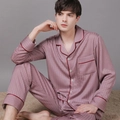 Men's silk satin pajama set in dusty pink with houndstooth jacquard and contrast piping - L / Dusty Rose - Men