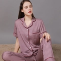 Women's pink houndstooth silk pajama set with short-sleeved top and long pants - M / Top And Bottom (Women) / Dusty Rose