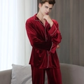 Men's dark red velvet pajamas set with long sleeves and white piping for home lounging - Red - Men