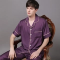Men's dark purple silk satin pajama set with short sleeves and checkered pattern - L / Top And Bottom (Men) / Purple