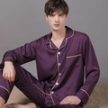 Men's dark purple silk pajama set with classic houndstooth pattern and contrast piping - L / Purple - Men