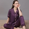 Women's dark purple silk satin pajama set with houndstooth pattern and short sleeves - M / Top And Bottom (Women) / Purple
