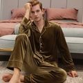 Men's velvet pajama set in olive green featuring gold piping and premium fabric - Bronze - Men