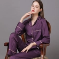 Dark purple silk pajamas set with houndstooth texture and contrast piping for women - M / Top And Bottom / Purple (Women)