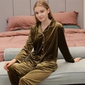 Women's olive green velvet pajama set with long sleeves and gold trim detailing - Gold Bronze - Female