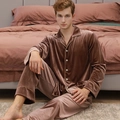 Men's premium brown velvet pajama set with long sleeves and classic golden piping trim - Coffee-Men