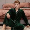 Men's dark green velvet pajamas set with contrast piping and long sleeve button-down top - Dark Green-Men