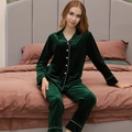 Women's dark green velvet pajama set with long sleeves and pants in luxury finish - Dark Green - Female