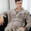 Men's champagne gold velvet pajama set with long sleeves and black trim detailing - Gray-Men