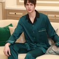 Men's dark green silk pajama set with long sleeves and elegant gold piping accents - L / Grass Green