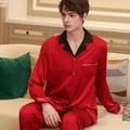 Men's red silk satin pajama set with black notch lapel and gold piping trim details - L / Red