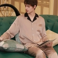 Men's champagne silk pajama set with long sleeves and black contrast lapel detail - L / Beige Coffee