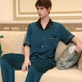 Men's silk-like satin pajama set in dark green with short sleeves and long pants - L / Grass Green
