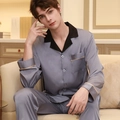 Men's silver-grey silk pajama set with black lapel collar and golden piping detail - L / Blue Gray