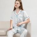 Women's silk pajama set with blue tie-dye print, short sleeve top and long pants - M / Top And Bottom (Short Sleeve) / White Pattern