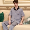 Men's grey silk satin pajama set featuring a short-sleeve button-down shirt and long pants - L / Blue Gray