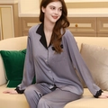 Lilac purple satin silk pajama set for women with long sleeves and black lace trim - M / Top And Bottom / Blue Gray