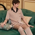 Men's silk-like pajama set in champagne gold with short sleeves and long pants - L / Beige Coffee