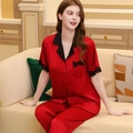 Women's red silk satin pajama set with black lace trim and short sleeves - Red