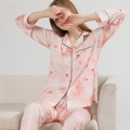 Women's silk-satin floral pajamas set in light pink with long sleeves and blue piping - M / Top And Bottom (Long Sleeve) / Pink Floral Pattern
