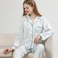 Women's white silk satin pajama set with blue floral print and long sleeves - M / Top And Bottom (Long Sleeve) / White Pattern