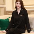 Women's black long-sleeve silk pajamas set with leaf pattern and gold piping detail - M / Top And Bottom / Black