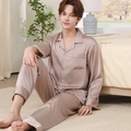 Men's champagne silk satin pajama set with long sleeves and pants in luxury finish - Beige Coffee