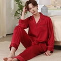 Men's silk-like pajama set in red featuring a lapel collar and long sleeves - Burgundy