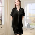 Pyjama femme en satin noir à manches courtes avec liseré contrasté blanc élégant - Noir (Femme)