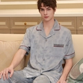 Men's silk satin pajamas set in grey maple leaf pattern with short sleeves and pants - L / Sky Blue