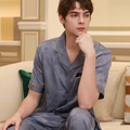 Men's grey-blue silk satin pajama set with maple leaf jacquard and champagne piping - L / Grey Blue
