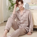Pijama de seda para hombre color champán con manga larga y ribetes rojos en contraste - L / Beige Café - Hombres