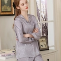 Women's silk satin pajamas set with purple tiger pattern and long sleeves - M / Gray Purple - Women
