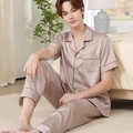 Men's champagne silk pajama set with short sleeves and pants featuring red piping - L / Beige Coffee / Men's