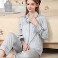 Women's two-piece silver grey silk satin pajama set with contrast piping and jacquard - M / Light Green - Women