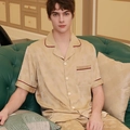 Men's champagne gold silk pajama set with leaf jacquard pattern and red piping - L / Champagne Gold