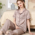 Women's two-piece champagne silk pajamas with short sleeves and red contrast piping detail - M / Beige Coffee / Mrs.